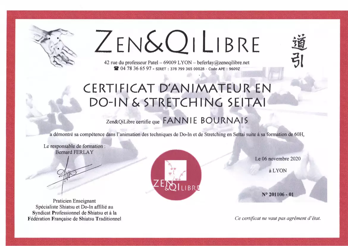 Diplôme Do In & Seïtaï - Fannie Bournais