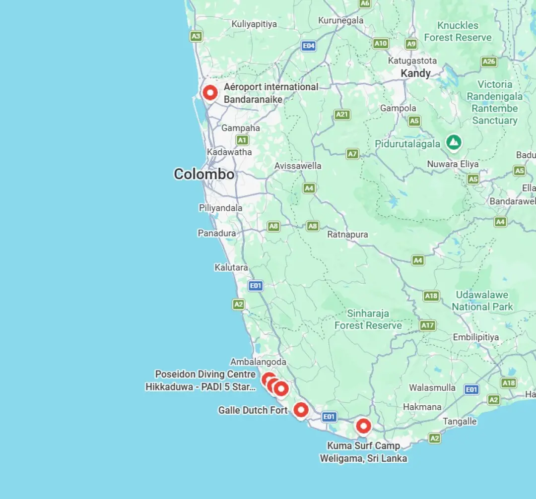 Lieux prévus du séjour, cote sud ouest du Sri Lanka.