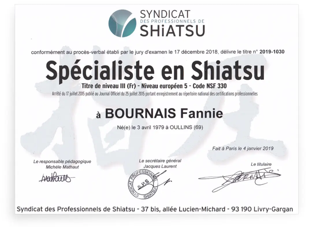 Diplôme de spécialiste en shiatsu - Fannie Bournais