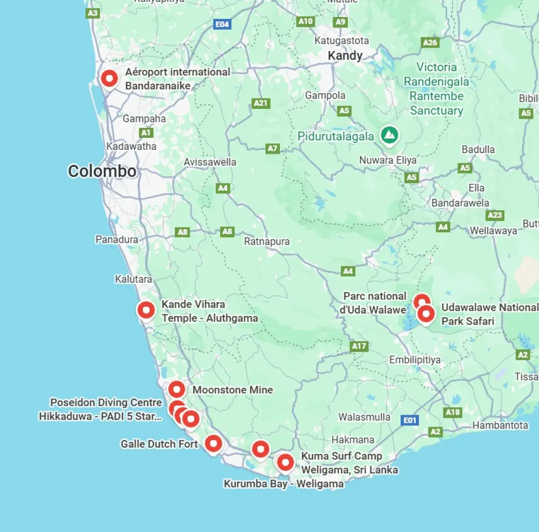 Planned locations for the trip, south-west coast of Sri Lanka.